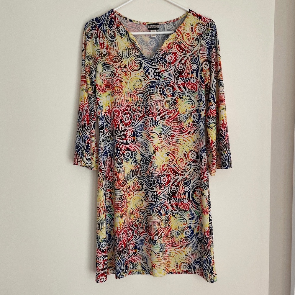Women's HAANI Slip Dress Spring Yellow Paisley Design Quarter Sleeve Size Small